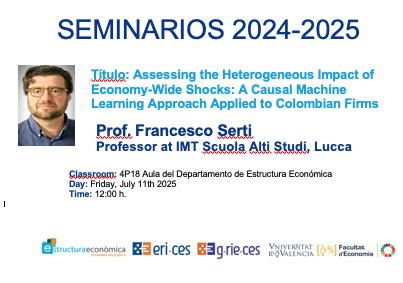 Seminars 2024 -2025. 11th July, Aula 4P18, 12:45h Francesco Serti:Assessing the Heterogeneous Impact of Economy-Wide Shocks: A Causal Machine Learning Approach Applied to Colombian Firms